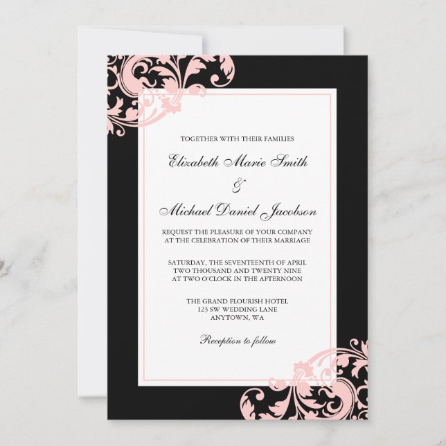 Black and Blush Pink Flourish Swirls Wedding Invitation (Front)