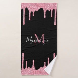 Black and Blush Pink Glitter Sparkle Drips Bath Towel Set