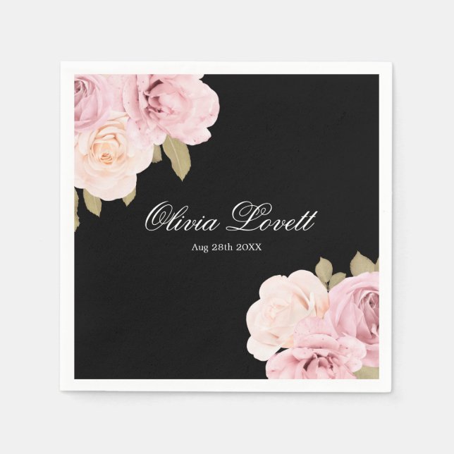 Black and Blush Pink Roses Chic Bridal Shower Napkin (Front)