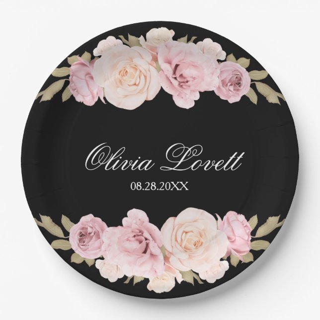 Black and Blush Pink Roses Chic Bridal Shower Paper Plate (Front)