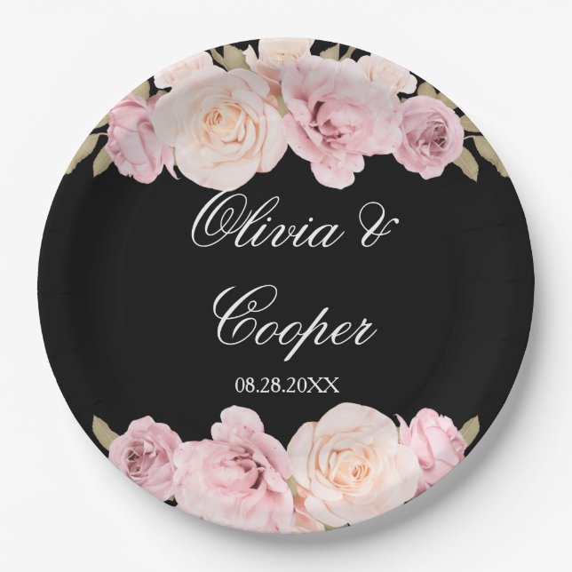 Black and Blush Pink Roses Chic Wedding Paper Plate (Front)