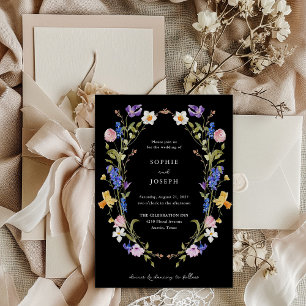 Black and Bright Boho Floral Wreath   Wedding Invitation