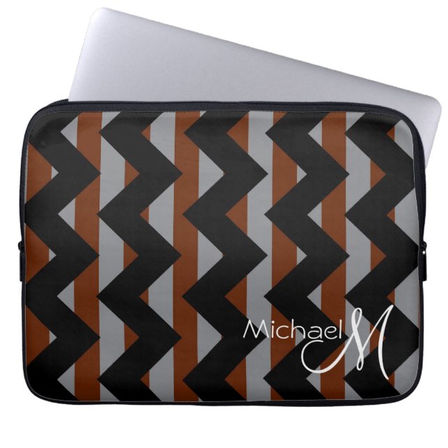 Black and Brown Chevron Zigzag Custom Monogram Laptop Sleeve (Front)