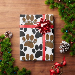 Black and Brown Dog Paw Print Custom Name Wrapping Paper