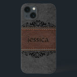 Black And Brown Leather Black Floral Accents iPhone 13 Case<br><div class="desc">Image of vintage aged look,  black and brown stitched leather with black decorative floral element accent and customisable monogram.</div>
