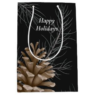 Black and Brown Pine Cone Happy Holidays Favor  Medium Gift Bag