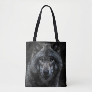 BLACK AND BROWN WOLF PAINTING TOTE BAG