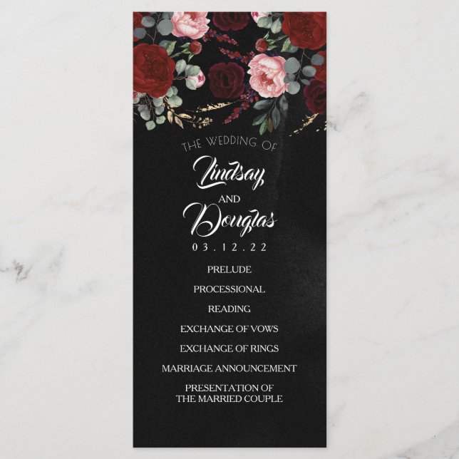 Black and Burgundy Red Floral Wedding Programs Programme (Front)