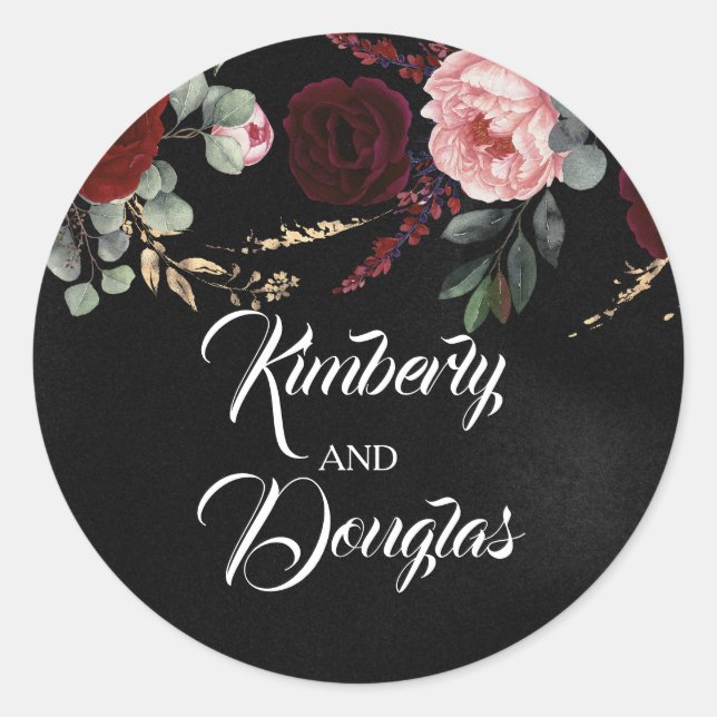 Black and Burgundy Red Modern Wedding Classic Round Sticker (Front)