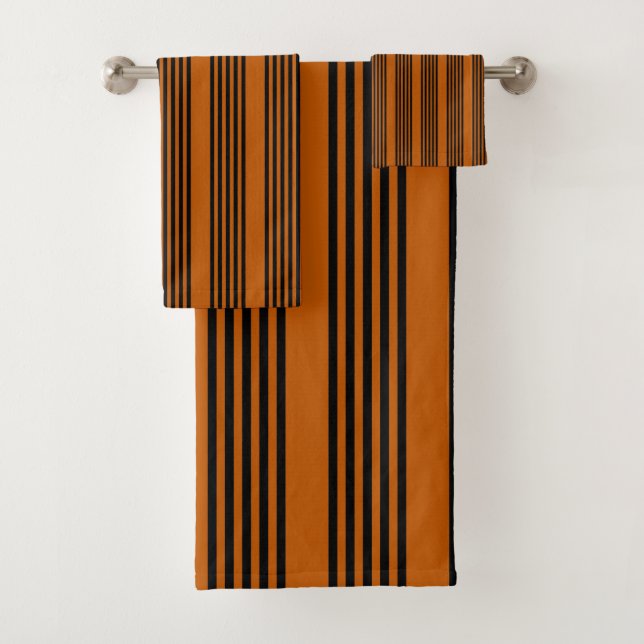 Black and burnt orange five stripe pattern bath towel set (Insitu)