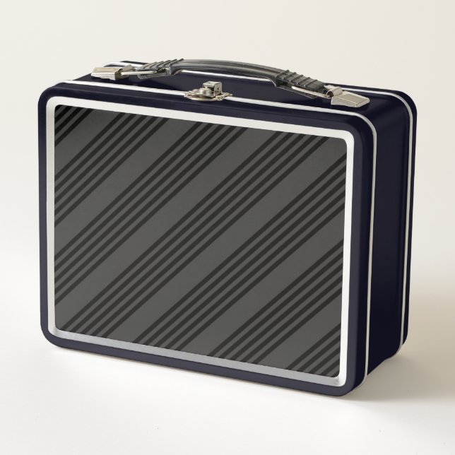 Black and charcoal five stripe pattern metal lunch box (Front)