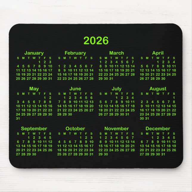 Black and Chartreuse Green 2026 Calendar Mouse Pad (Front)