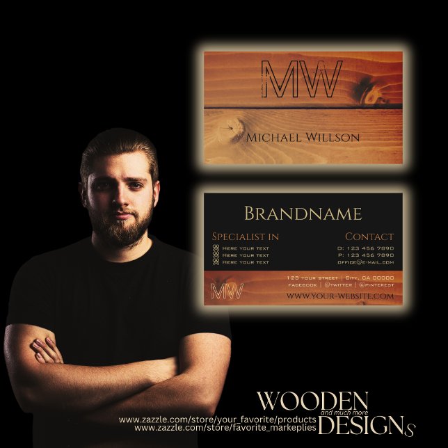 Black and Cherry Wood Grain Wooden Boards Monogram Business Card (Creator Uploaded)