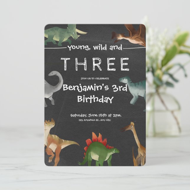 Black and Colourful Printable Dinosaur Birthday  Invitation (Standing Front)