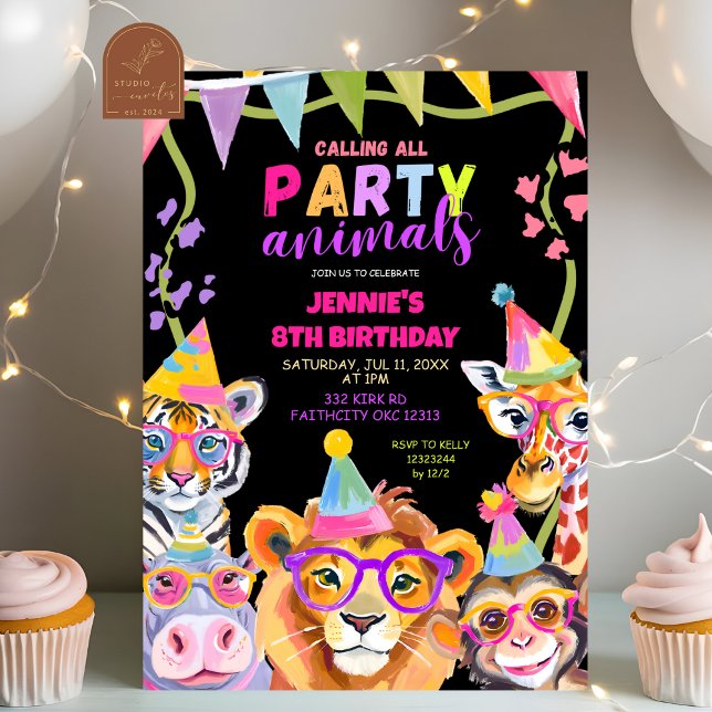 Black and Colourful Wild One Safari Animals Birthd Invitation (Creator Uploaded)