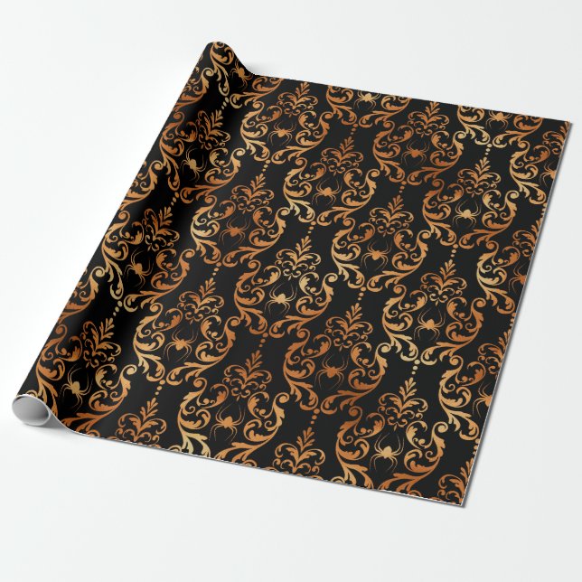 Black and Copper Halloween Spider Damask Foil Wrapping Paper (Unrolled)