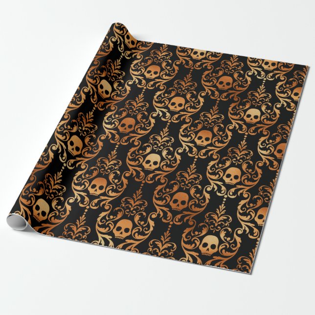 Black and Copper Skulls Halloween Damask pattern Wrapping Paper (Unrolled)