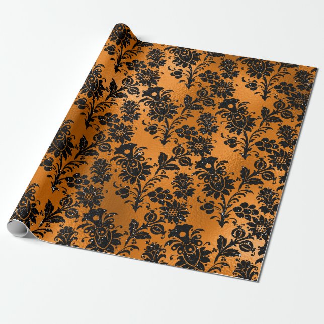 Black and Copper Vintage Damask Pattern Wrapping Paper (Unrolled)