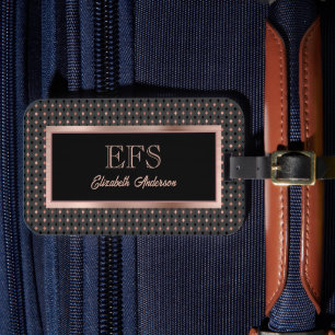 Black and Coppery Faux Rose Gold Elegant Monogram Luggage Tag