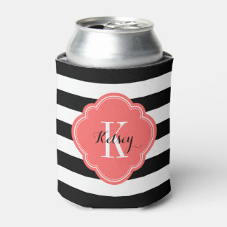 Black and Coral Preppy Stripes Monogram Can Cooler