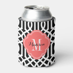 Black and Coral Trellis Monogram Can Cooler