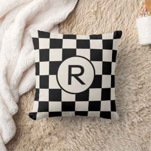 Black and Cream Checkered Pattern Custom Monogram Cushion