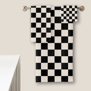 Black and Cream Chequered Pattern Bath Towel Set
