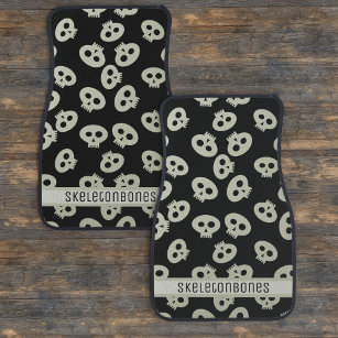 Black and Cream Cute Skull Pattern Add Your Name Car Mat