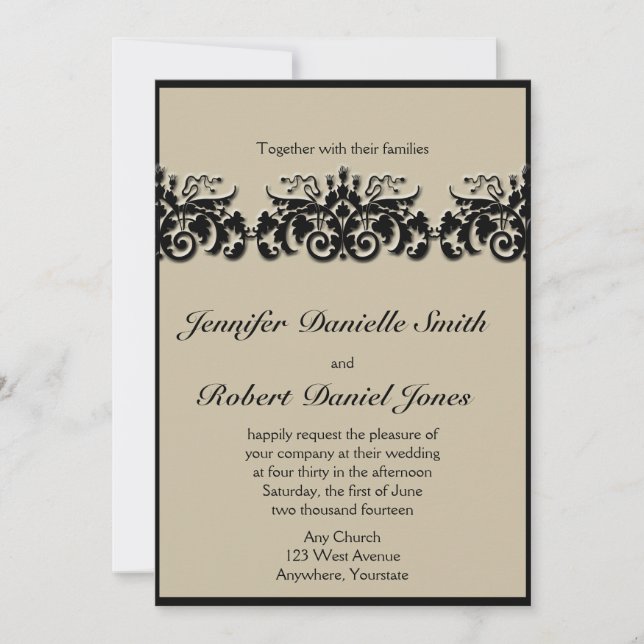 Black and Cream Floral Embossed Wedding Invitation (Front)