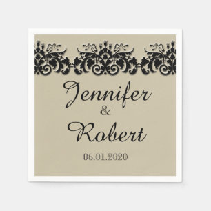 Black and Cream Floral Embossed Wedding Napkin