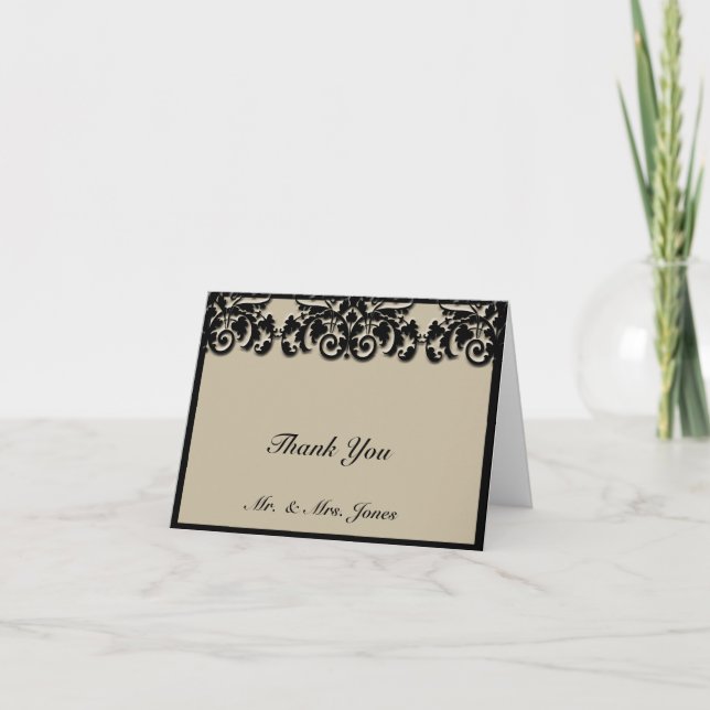 Black and Cream Floral Embossed Wedding Thank You Card (Front)