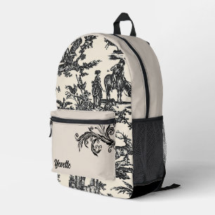 Black and Cream French Toile Pattern Personalised Printed Backpack