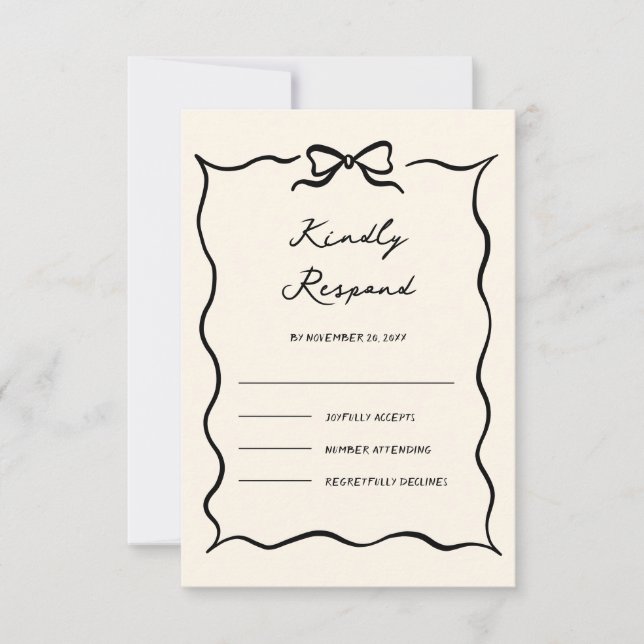 Black and Cream Hand Drawn Bow Wedding RSVP Card (Front)