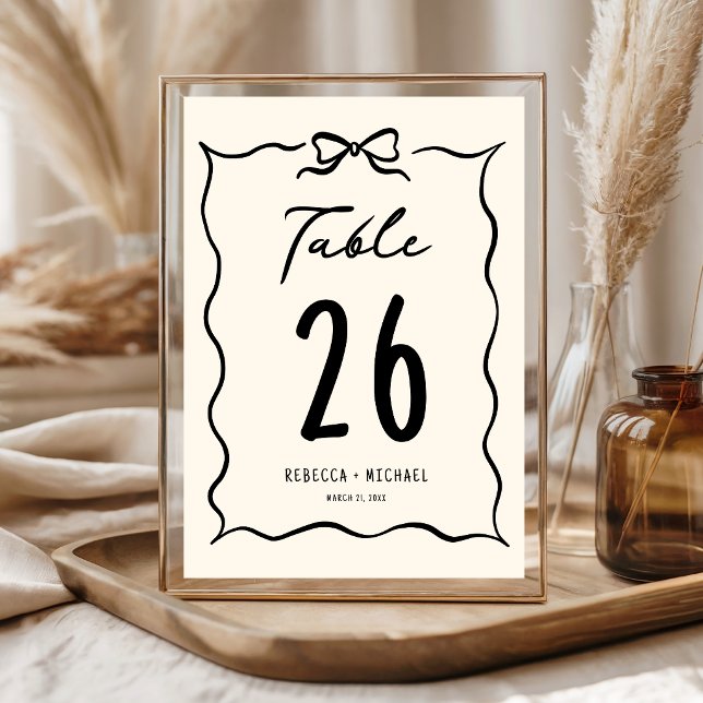 Black and Cream Hand Drawn Bow Wedding Table Number (Creator Uploaded)