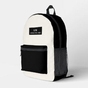 Black and Cream Minimalist Monogram and Name Printed Backpack
