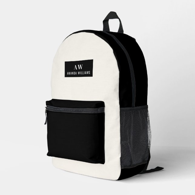 Black and Cream Minimalist Monogram and Name Printed Backpack (Back Corner Right)