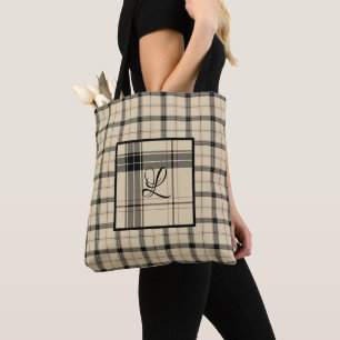 Black and Cream Plaid Personalised Tote Bag