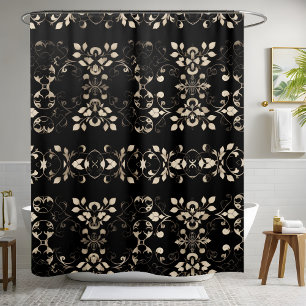 Black and Cream Shower Curtain With Flowers