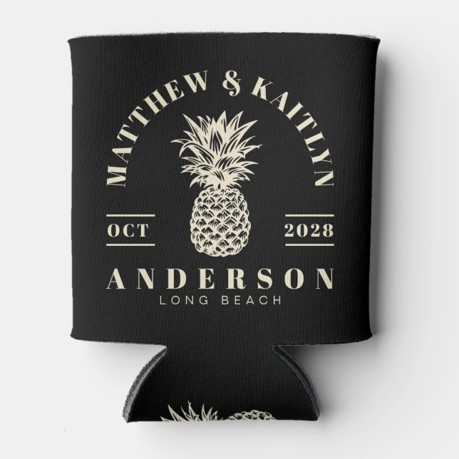 Black and Cream Tropical Pineapple Wedding Crest Can Cooler (Front)