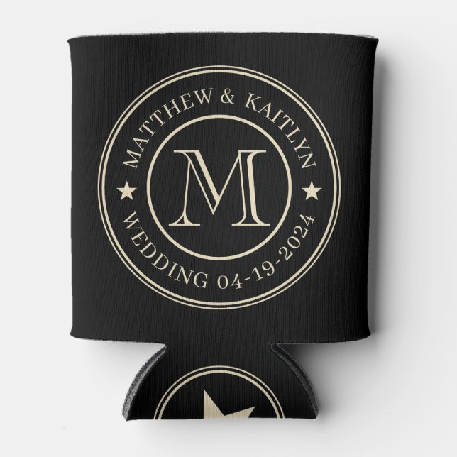 Black and Cream Wedding Monogram Star Can Cooler (Front)