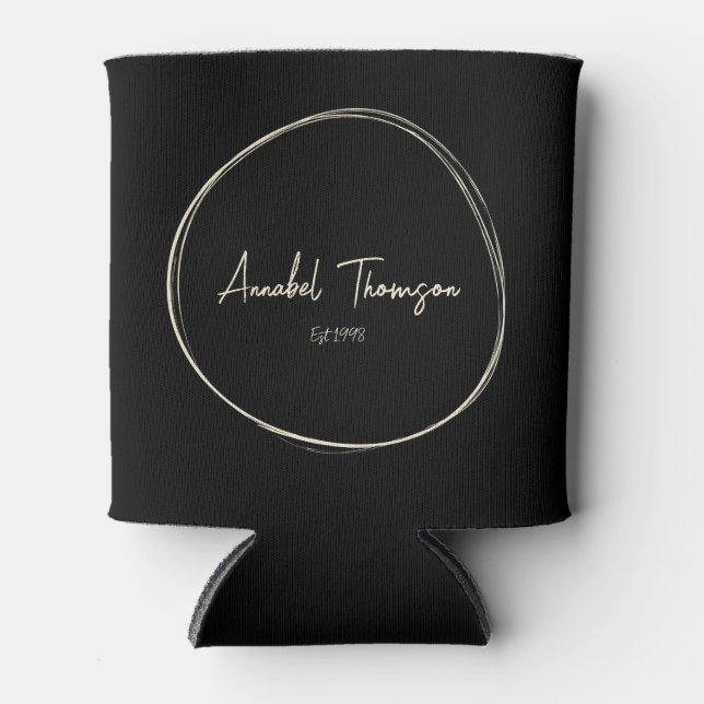 Black and Cream with Name in Drawn Circle Can Cooler (Front)