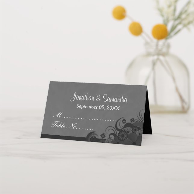 Black and Dark Grey Hibiscus Floral Folded Table Place Card (Front)