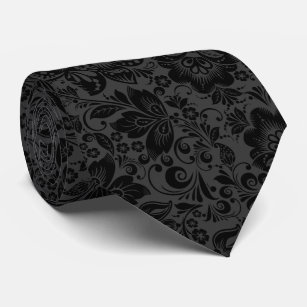 Black And Dark Grey Vintage Flowers Pattern Tie