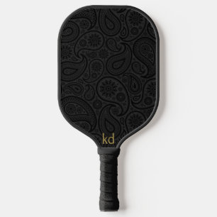 Black And Dark Grey Vintage Paisley Monogram Pickleball Paddle