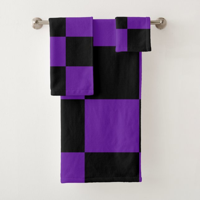 Black and Dark Purple Square Pattern Bath Towel Set (Insitu)