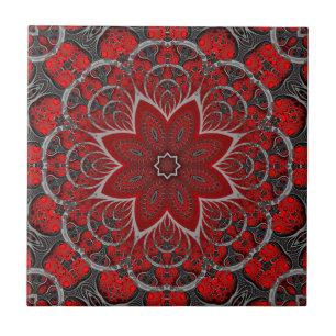 Black and Dark Red Floral Decorative Print Tile