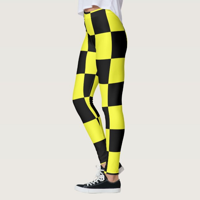 Black and Dark Yellow Chequerboard Pattern Leggings (Left)