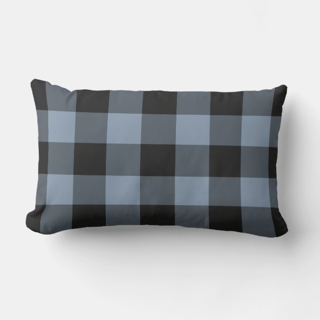Black and Denim Blue Gingham Buffalo Check Pattern Lumbar Cushion (Front)