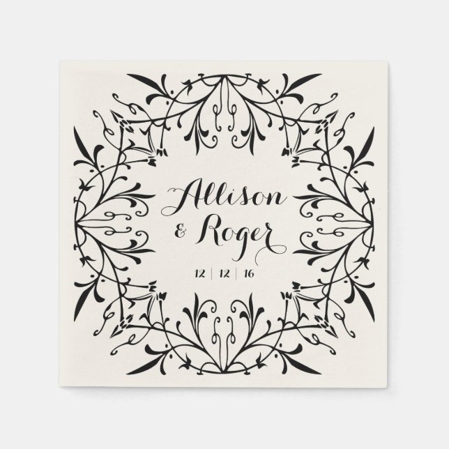 Black and Ecru Fancy Vintage Wedding Napkin (Front)