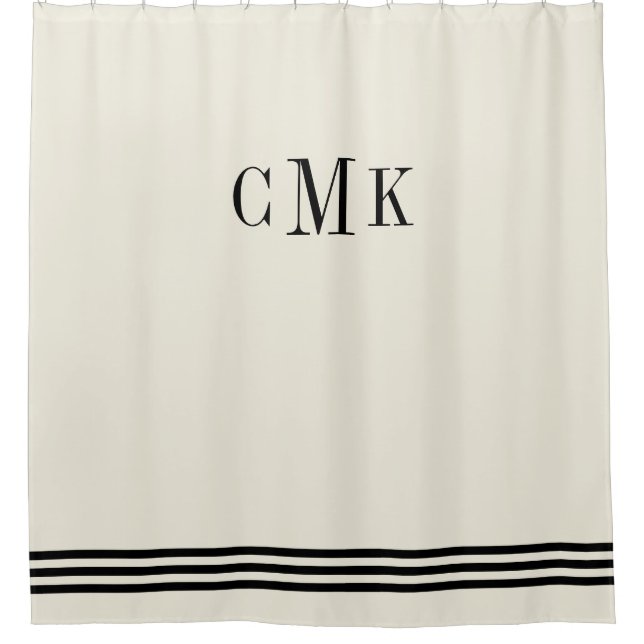 Black and Ecru Sophisticated Stripes and Monogram Shower Curtain (Front)